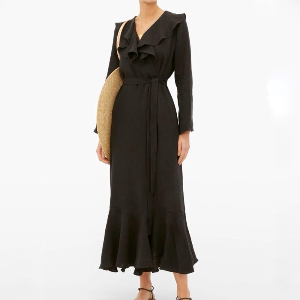 CASA RAKI Esme Ruffled Organic-Linen Wrap Dress - Dark Pink size medium NWT